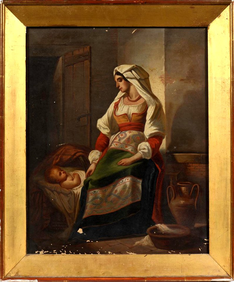T. de Maruy - Jeune femme napolitaine veillant son enfant. - Huile sur toile XIX siecle