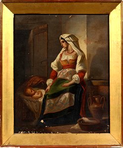 T. de Maruy - Jeune femme napolitaine veillant son enfant. - Huile sur toile XIX siecle