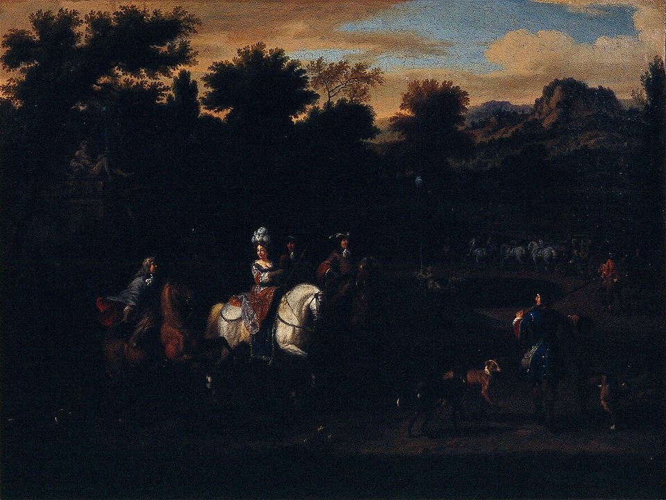 T. Maas - Jachtstoet passeert een fontein - NK1809 - Cultural Heritage Agency of the Netherlands Art Collection
