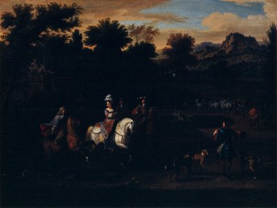 T. Maas - Jachtstoet passeert een fontein - NK1809 - Cultural Heritage Agency of the Netherlands Art Collection
