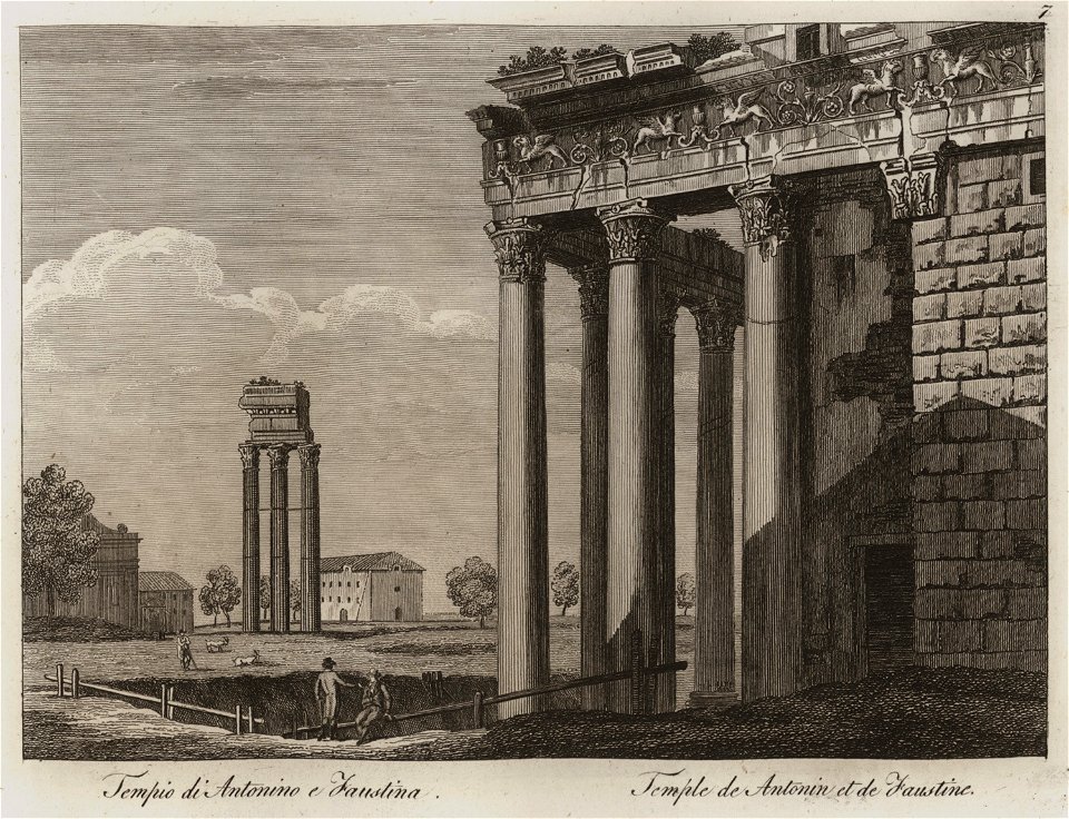 Tempio di Antonino e di Faustina - Li Monumenti Piú Celebri Di Roma Antica E Moderna Disegnati Da Vero Ed Incisi Dai Migliori Artisti Rome Presso Po - 1850