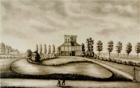 Tekening van het Zandbergkasteel van de jezuïeten in Laken (album van Charles Stanislas Alexandre de Wal de Baronville) (Museum NBB)