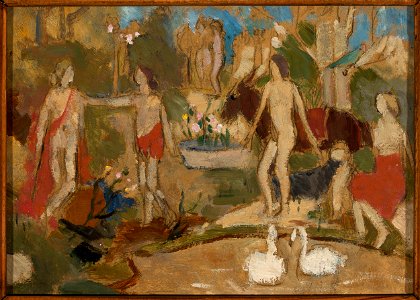 Tadeusz Makowski - Garden scene with figures and swans - MPW 2507 MNW - National Museum in Warsaw