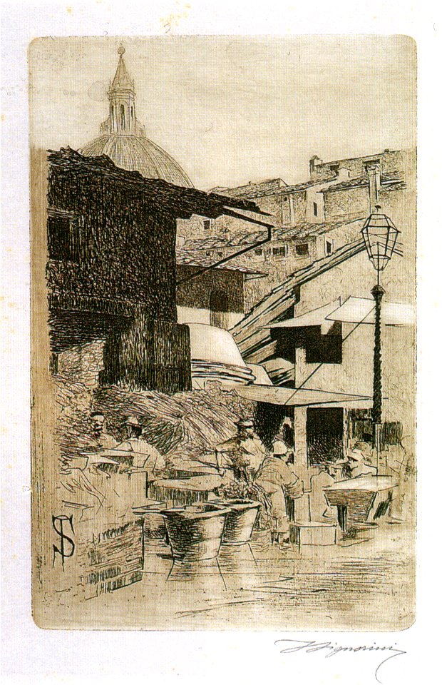 Telemaco Signorini acquaforte, Fonte del Mercato Vecchio,1874