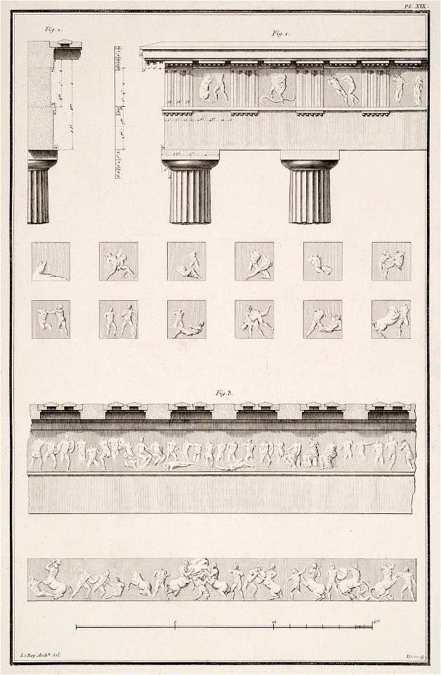 Temple of Hephaestus (Theseion), Athens- 1 Elevation of the east side of the temple On the metopes the Twelve Labours of - Le Roy Julien David - 1770