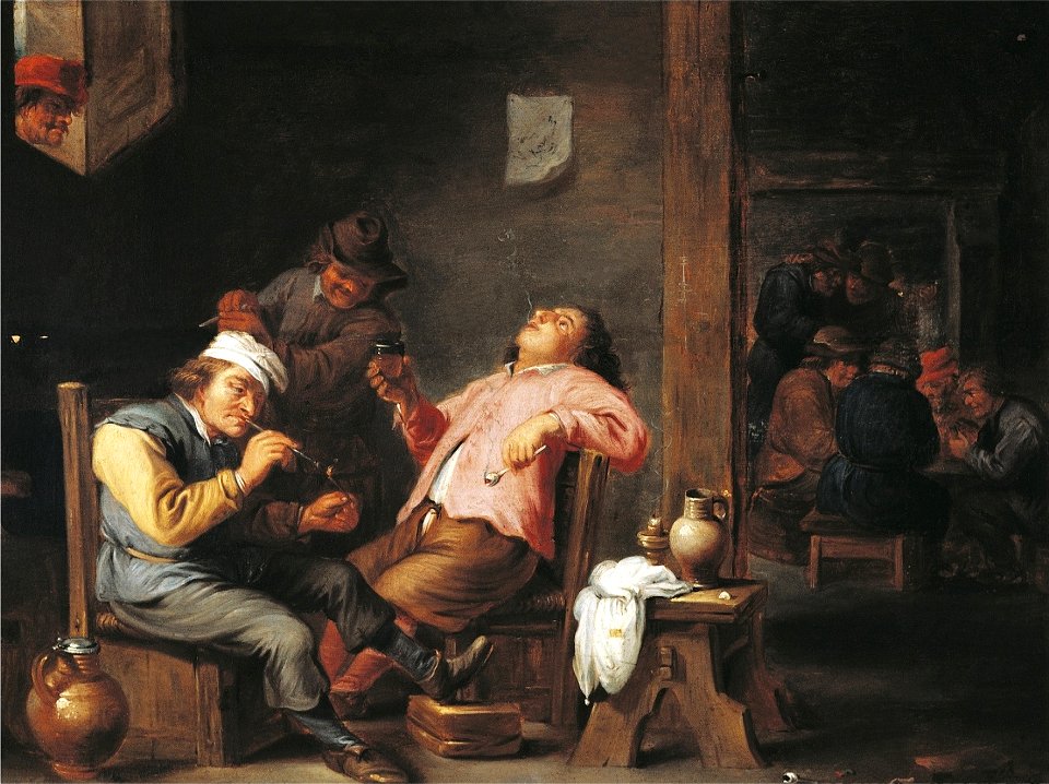 Abraham Teniers - Drinkend en rokend gezelschap in een kroeg