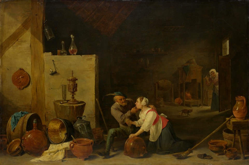 David Teniers (II) - An Old Peasant caresses a Kitchen Maid in a Stable