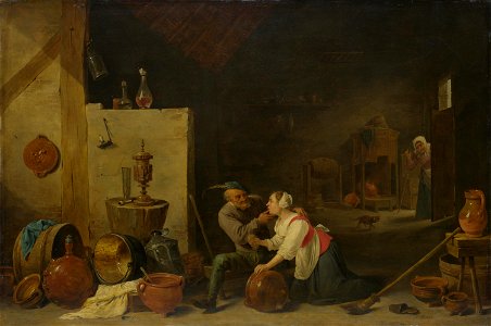 David Teniers (II) - An Old Peasant caresses a Kitchen Maid in a Stable