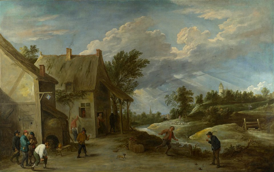 David Teniers (II) - Peasants playing Bowls outside a Village Inn