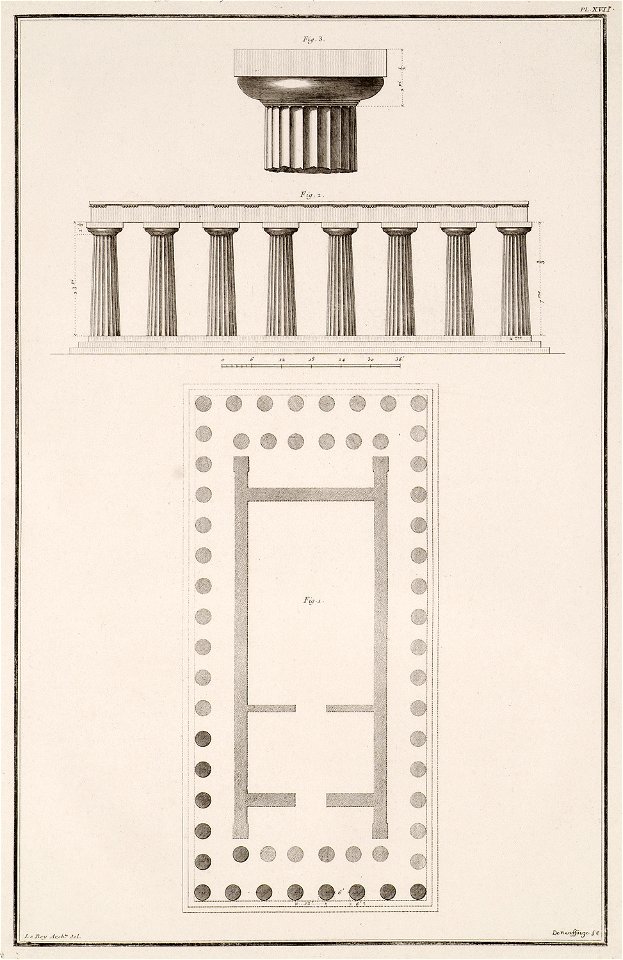 Temple of Apollo at ancient Corinth- Plan of the temple (disoriented drawing), the colonnade of the opisthodomos, and vi - Le Roy Julien David - 1770