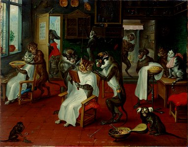 Abraham Teniers - Barbershop with monkeys and cats