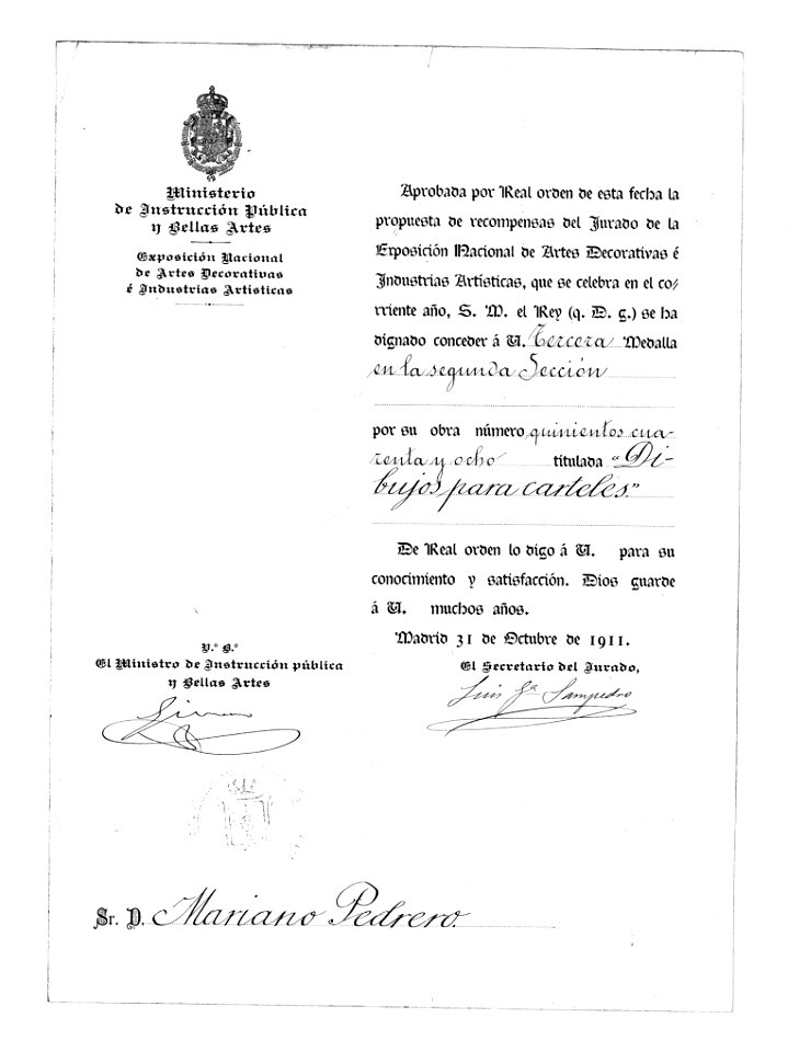 Tercera Medalla a Mariano Pedrero, Exposición Nacional de Artes Decorativas, Madrid, Oct. 1911
