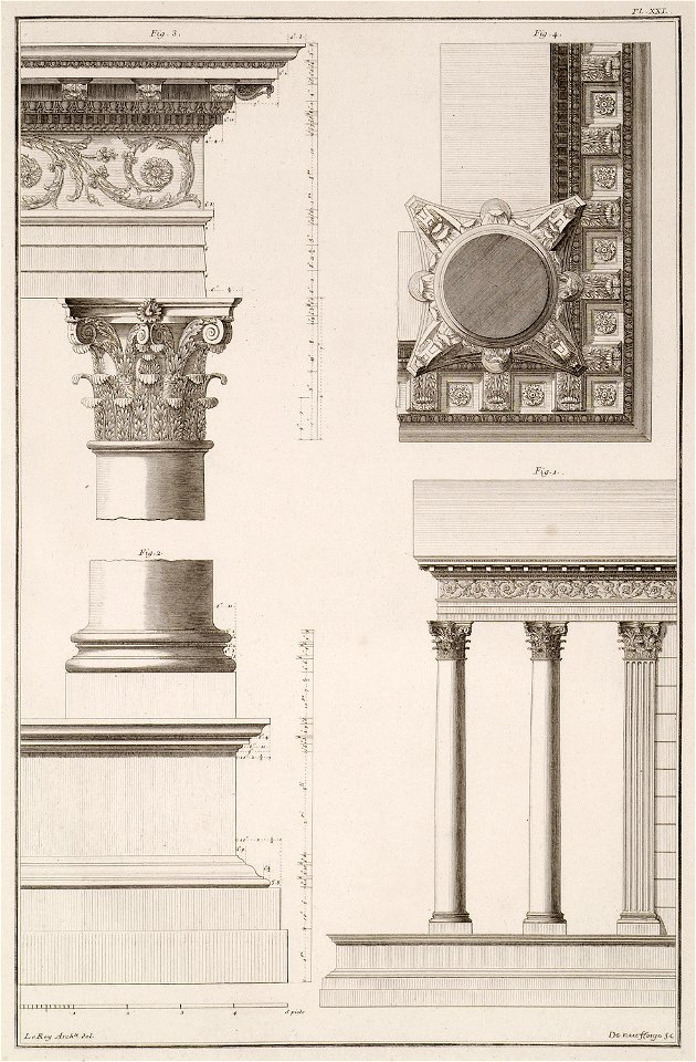 Temple of Rome and Augustus in Pula, Croatia- 1 Longitudinal elevation 2 Crypidoma, stylobate and base of the column 3 E - Le Roy Julien David - 1770