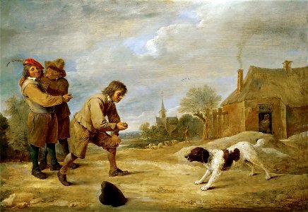 David Teniers de Jonge - Boerderij jongen met een hond (Kunsthistorisches Museum). Free illustration for personal and commercial use.