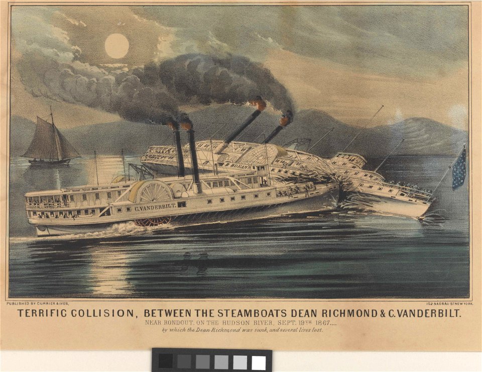 Terrific Collision, between the Steamboats Dean Richond and C. Vanderbilt near Rondout, on the Hudson River, Sept 19th 1867 by which the Dean Richmond was sunk, and several lives lost RMG PY0327