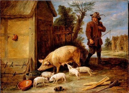 Teniers, David the younger - A Sow and her Litter - Google Art Project. Free illustration for personal and commercial use.