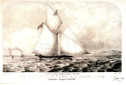 The Jessica 8 Tons, J.A. Clarke, Esq. Commodore- Liverpool Yacht Club. Published in Hunt's Yachting Magazine May 1854 RMG PU6553