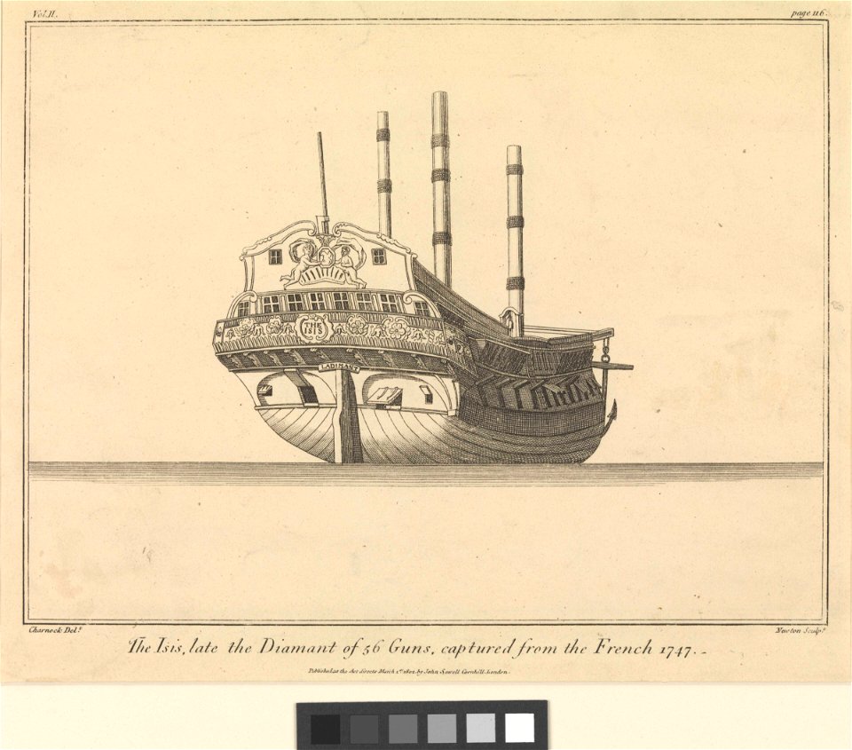 The Isis late the Diamant of 56 Guns, captured from the French 1747. Vol II page 116 RMG PW7935