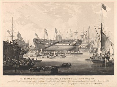 The Launch of the Honble East India Compys Ship Edinburgh Captain Henry Bax; from the Dock Yard of Messrs Wigrams and Green Blackwall, November 9th 1825, with a view of the ship Abercrombie Robinson Captain John Innes, on RMG PY8485. Free illustration for personal and commercial use.