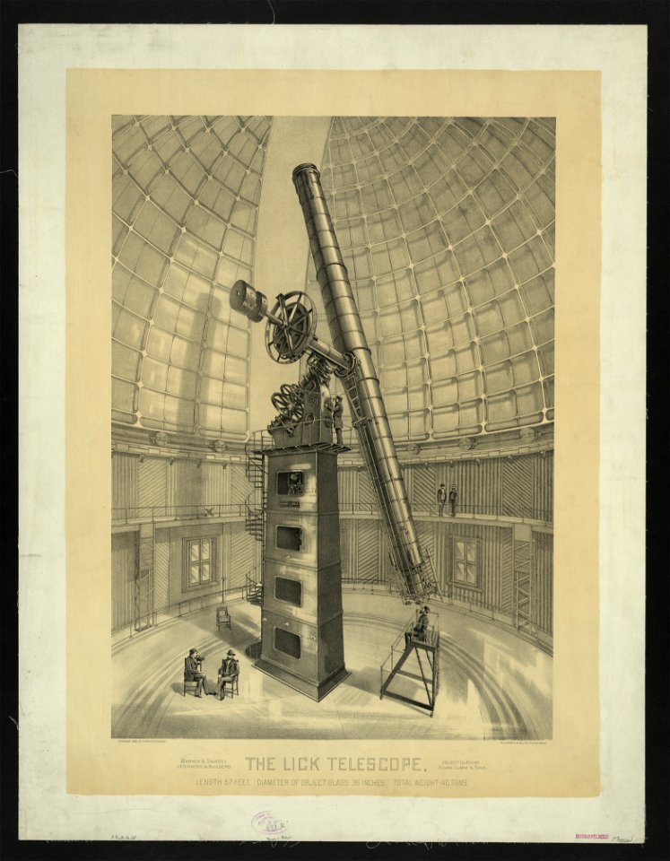 The Lick telescope, length 57 feet, diameter of object glass 36 inches, total weight 40 tons - W.J. Morgan & Co. Lith. Cleveland, O. LCCN2013645277