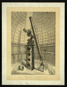 The Lick telescope, length 57 feet, diameter of object glass 36 inches, total weight 40 tons - W.J. Morgan & Co. Lith. Cleveland, O. LCCN2013645277