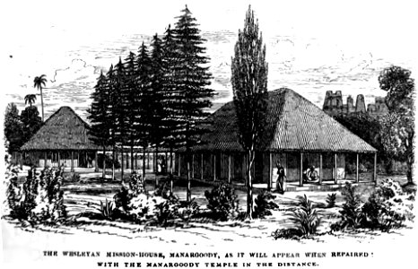 The Wesleyan Mission-House, Manargoody, as it will appear when repaired, with the Manargoody Temple in the distance (November 1855, p.120, Rev. Thomas Hodson) - Copy
