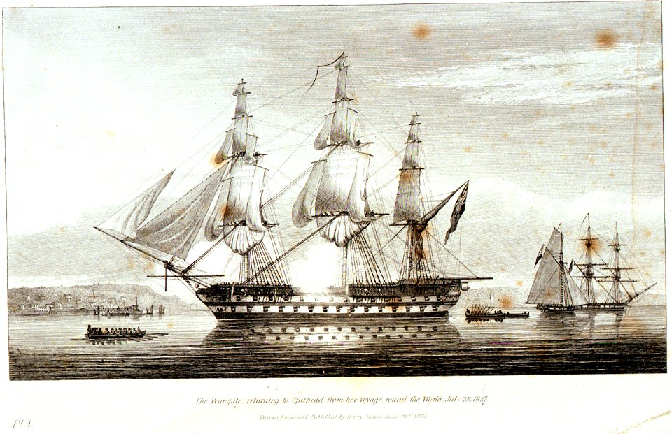 The Warspite returning to Spithead from her voyage round the World, July 28 1827 RMG PU6069