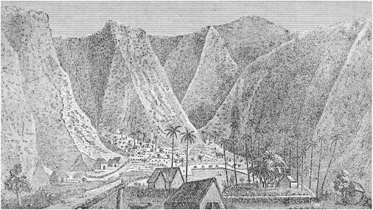 The Valley of Waipio, from the Sand Hills on the Beach, sketch by William Ellis