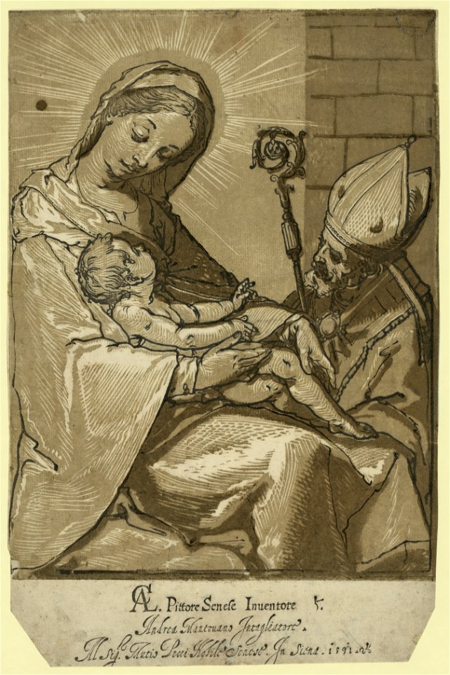 The Virgin, Child, and a bishop - AC (monogram of Alessandro Casolani); Andrea Mantuano intagliatore in Siena 1591. LCCN2008678764