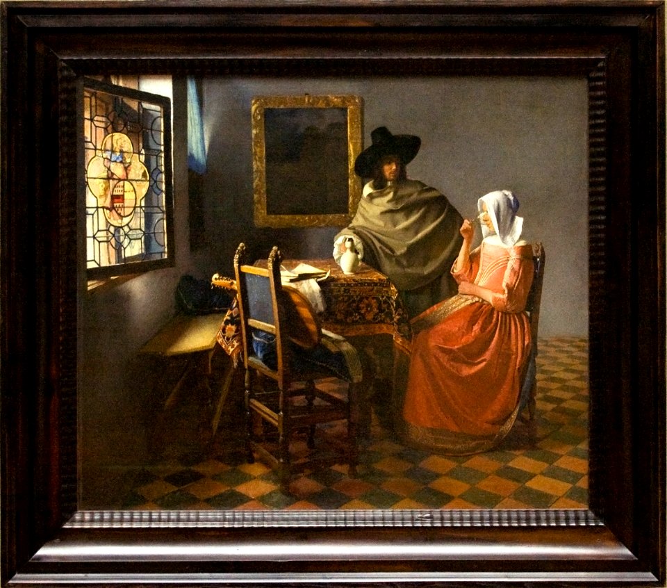 The Wine Glass, painting by Vermeer, with frame