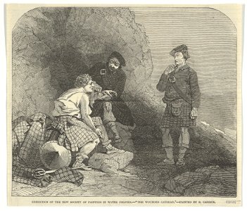 The Wounded Cateran by R. Carrick, Exhibition of the New Society of Painters in Water Colours, from the Illustrated London News MET DP841105. Free illustration for personal and commercial use.