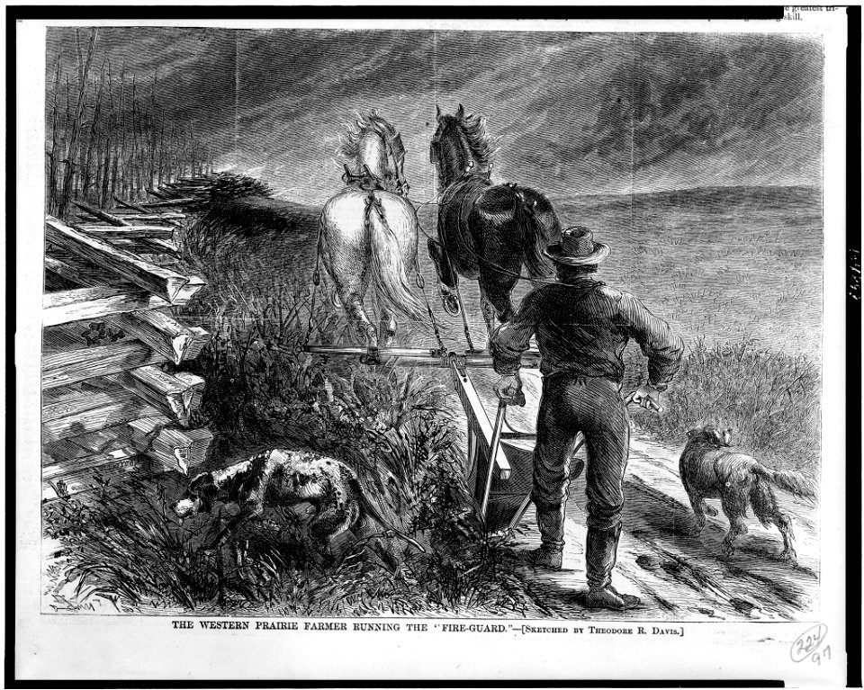 The Western prairie farmer running the fire-guard - sketched by Theodore R. Davis. LCCN92501643