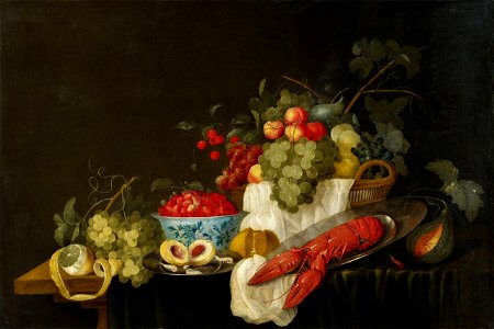 Thomas Mertens (Attr.) - Opulent Still Life with Fruit and a Lobster. Free illustration for personal and commercial use.