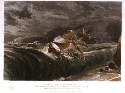 The Wreck of the Clarendon West Indiaman, At the moment she struck on the Shingles, in Chale Bay, Isle of Wight, From a sketch made on the spot by W Daniell, R.A RMG PU6424. Free illustration for personal and commercial use.
