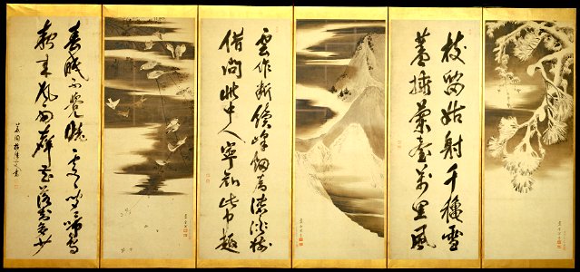 花鳥山水人物図屏風 - Calligraphy with Landscapes, Figures, Flowers, and Birds 1