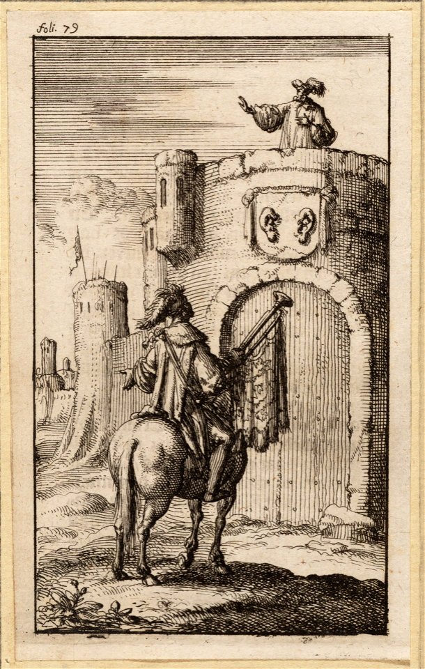 Trompetter te paard spreekt met een man boven een gesloten vestingpoort, objectnr A 42016