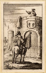 Trompetter te paard spreekt met een man boven een gesloten vestingpoort, objectnr A 42016