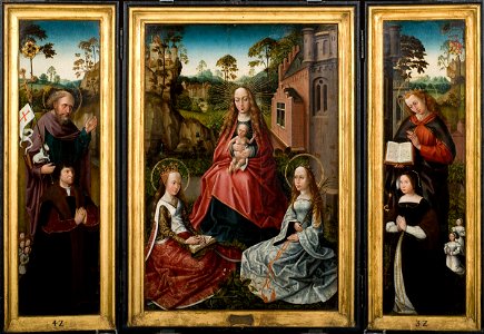 Triptych with Madonna and Saints Catherine and John with donors Jan Pardo and Catharina van Vlamynckpoorte. Free illustration for personal and commercial use.