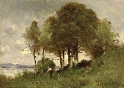 Paul-Désiré Trouillebert - Paysage fluvial boisé avec agriculteur