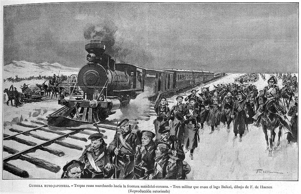 Tropas marchando hacia la frontera mandchú-coreana, tren militar que cruza el lago Baikal