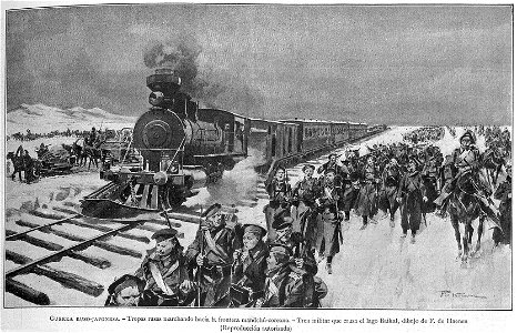 Tropas marchando hacia la frontera mandchú-coreana, tren militar que cruza el lago Baikal. Free illustration for personal and commercial use.