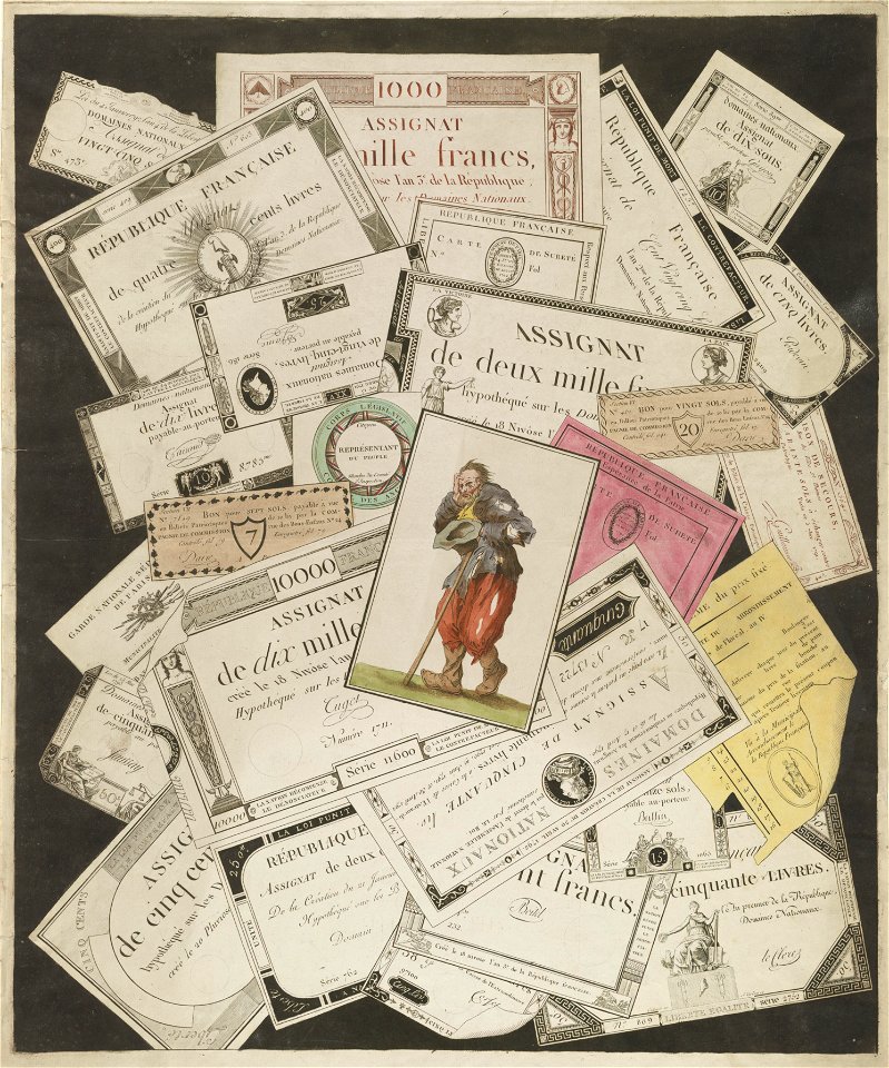 Trompe-l'oeil of French revolutionary assignats with a portrait of a beggar laid on top LCCN2013646642