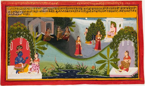 Unknown (Indian) - Radha's Attendant Converses with Krishna and Woman Travels By Moonlight to Meet her Lover (page from the Gita Govinda) - 71.316.A - Detroit Institute of Arts