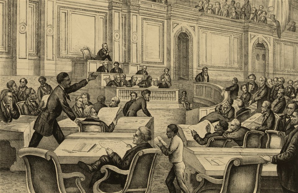 United States Congressman Robert Brown Elliott of South Carolina speaking on the floor of House of Representatives in 1874 from The shackle broken - by the genius of freedom - lith. & print by E. Sachse & Co.. LCCN2003690777 (cropped)