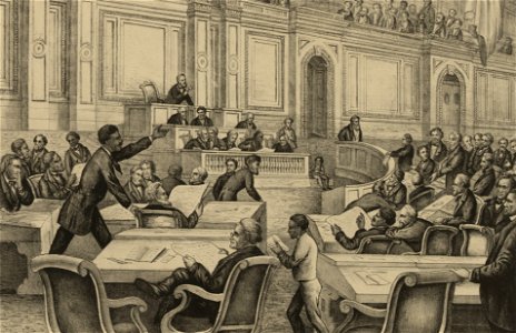 United States Congressman Robert Brown Elliott of South Carolina speaking on the floor of House of Representatives in 1874 from The shackle broken - by the genius of freedom - lith. & print by E. Sachse & Co.. LCCN2003690777 (cropped)