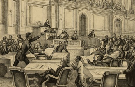 United States Congressman Robert Brown Elliott of South Carolina speaking on the floor of House of Representatives in 1874 from The shackle broken - by the genius of freedom - lith. & print by E. Sachse & Co.. LCCN2003690777 (cropped). Free illustration for personal and commercial use.