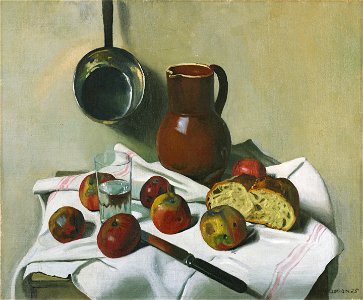 Vallotton - POMMES, CRUCHE, VERRE D'EAU ET CASSEROLE DE FER-BLANC, 1925, lot.23 (cropped)