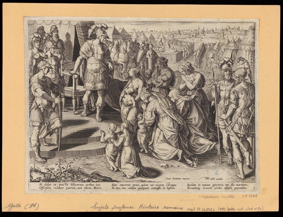 Veturia and Volumnia Begging Coriolanus 1595 print by Stradanus, S.I 54353, Prints Department, Royal Library of Belgium