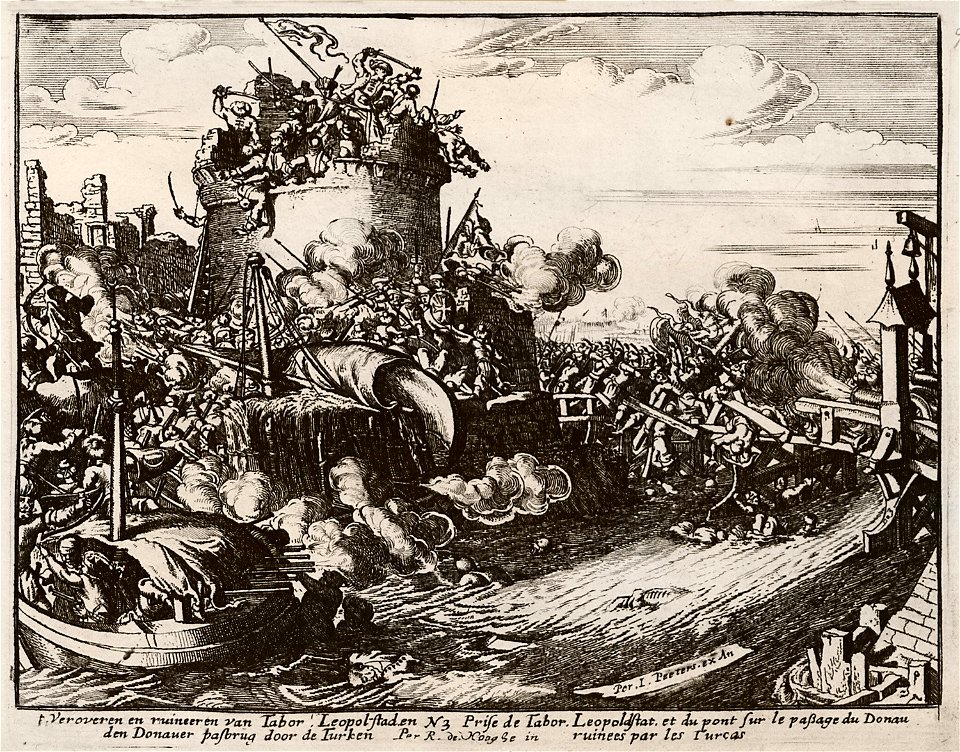 Veroveren en ruineeren van Tabor, Leopol-stad en den Donauer pasbrug door de Turken - Peeters Jacob - 1686