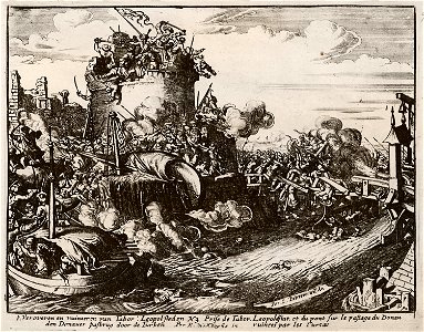 Veroveren en ruineeren van Tabor, Leopol-stad en den Donauer pasbrug door de Turken - Peeters Jacob - 1686